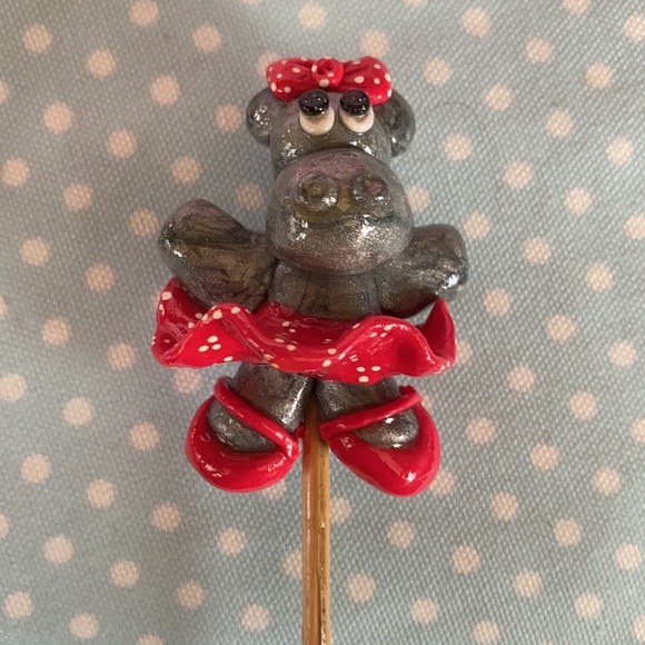 Handcrafted; Clay; Dancing; Hippo; Plant Stick;
